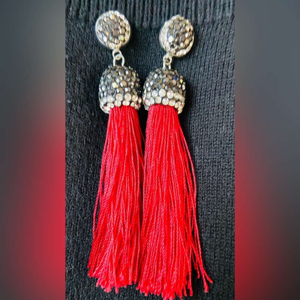 Earrings Red Tassels with Silver Stones NWT - Picture 3 of 3